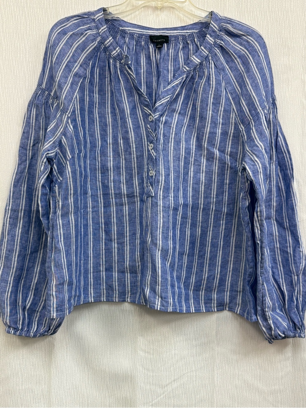 Talbots Blue and White Striped Henley Linen blouse